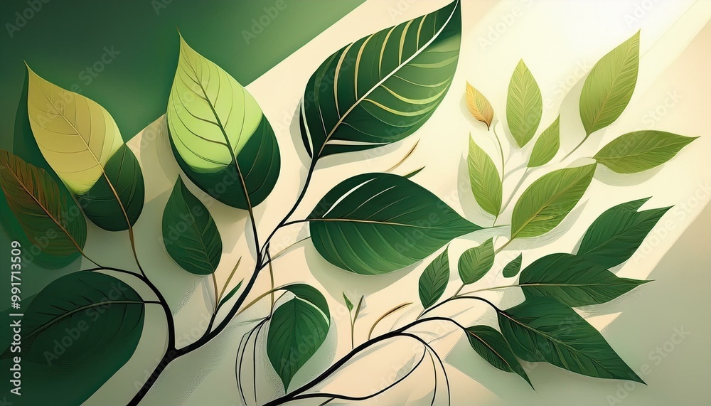 Wall mural foliage and twigs project shade against bright backdrop. organic greenery forms dark outlines with s