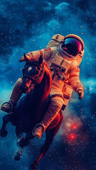 A Astronaut riding a tall steed, galloping out of the galaxy. The astronaut is wearing a spacesuit, and the steed is very tall and strong. 