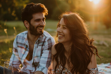 Fototapeta premium A man and a woman are sitting on a blanket in a park, smiling and laughing