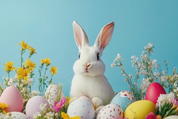 Obraz premium Easter bunny and Easter eggs on a blue background with spring flowers .geneative ai