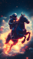 Naklejka premium A Astronaut riding a tall steed, galloping out of the galaxy. The astronaut is wearing a spacesuit, and the steed is very tall and strong. 