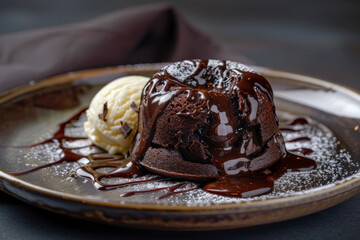 A dessert with chocolate sauce and ice cream on top