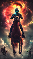 Naklejka premium A Astronaut riding a tall steed, galloping out of the galaxy. The astronaut is wearing a spacesuit, and the steed is very tall and strong. 