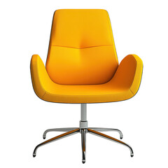 A sleek, modern yellow chair with a curved design and chrome base, set against a black background, showcasing vibrant color and contemporary style.