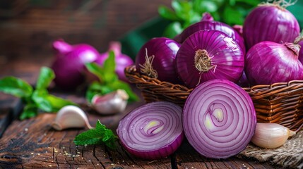 Red Onions and Garlic in a Basket on Rustic Wooden Table
