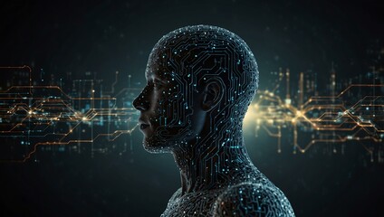 Human silhouette intertwined with circuit patterns.