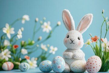 Obraz premium Easter bunny and Easter eggs on a blue background with spring flowers .geneative ai