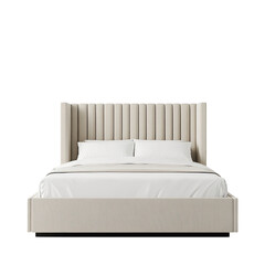 A modern, stylish bed with a plush, padded headboard and a textured base, offering a comfortable and elegant design for any bedroom.