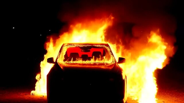 In a dark setting, a car is set ablaze, with flames licking up its sides. The fire glows brightly, casting ominous shadows