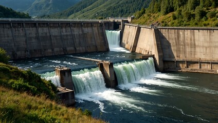 Hydro power station showcasing renewable energy in a natural landscape.