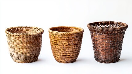 Three empty wicker baskets arranged in a row isolated on white background