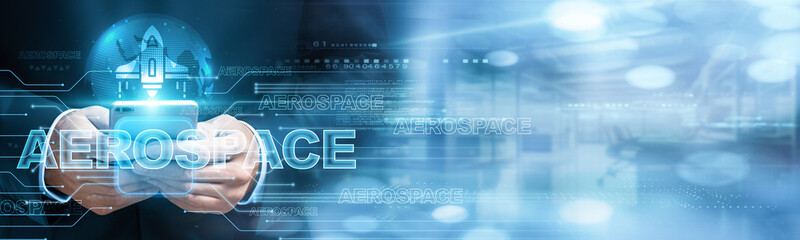 Aerospace engineers using mobile smartphones and aerospace network connection data with growth in technology, real-time tracking, communication systems, remote sensing, and data analysis.