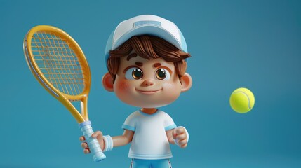 Cute Cartoon Boy Playing Tennis