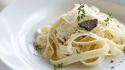 a plate of perfectly al dente pasta, drizzled with fragrant truffle oil and topped with shavings of parmesan and fresh herbs