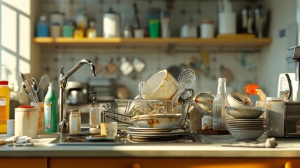 Messy Kitchen Counter with Dirty Dishes and Utensils