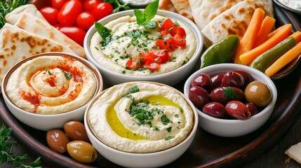 a beautifully styled Mediterranean platter with bowls of hummus, baba ghanoush, and tzatziki, surrounded by warm pita slices, marinated olives, and colorful vegetable sticks