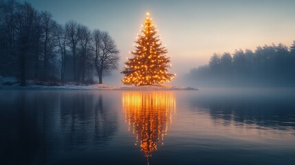Frozen lake reflecting a beautifully decorated Christmas tree with glowing lights, isolated on clean background