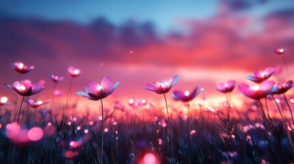 A vibrant sunset illuminates a field of wildflowers, their petals shimmering with an iridescent glow, creating a scene of surreal beauty against the backdrop of a fiery sky.