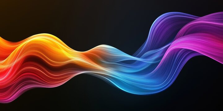 Black background with vibrant gradient wave flowing in multiple colors, including pink, blue, and orange, abstract design for digital and modern themes.