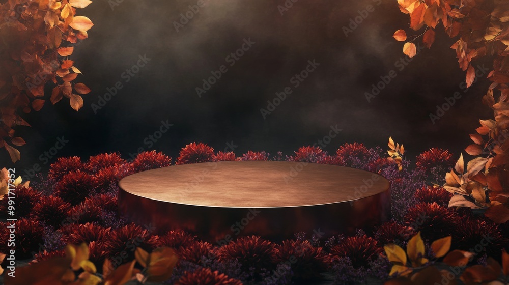 Aufkleber a circular stage is set amidst lush autumn foliage and colorful flowers, creating a serene atmospher