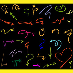 Colorful collection of isolated doodle arrows pointers Vector set of hand drawn arrows isolated.