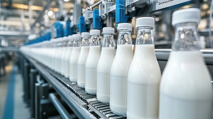 A production line of glass milk bottles on a conveyor belt, highlighting the efficiency of modern dairy processing.