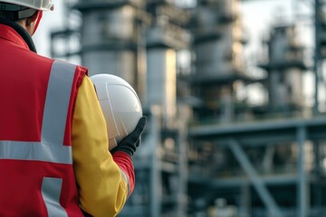 Engineer holding a safety helmet at an industrial facility during inspection