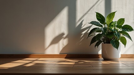 Free New wall background with a sunlight window creates a leaf shadow on the wall with a blurry indoor green plant foreground