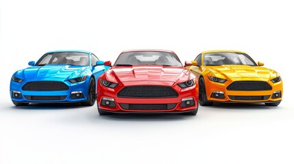 Three colorful sports cars parked in a row isolated on white background
