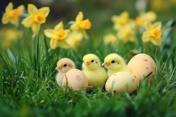 Easter eggs, chicks and daffodils in green grass. Happy Easter! Beautiful Easter background .geneative ai