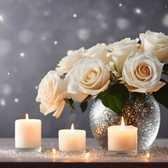 Beautiful white roses in vase with burning candles on grey background