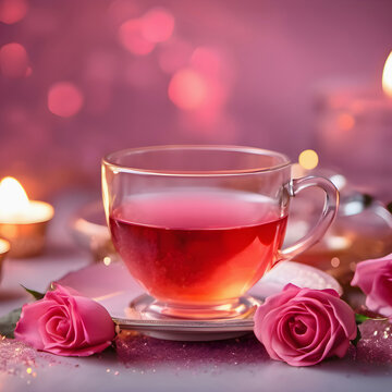 Cup of tea with rose petals and candles on pink background
