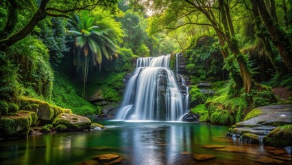 Fototapeta premium A medium shot of a hidden waterfall in a dense forest, peaceful, scenic, outdoor, jungle, nature, exploration, foliage, picturesque., serene, beautiful, tranquil, unspoiled, greenery