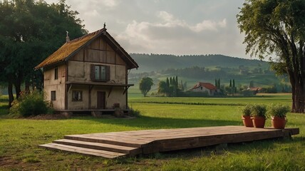 Obraz premiumPhoto Best Empty podium against a green farm background for product presentation ai