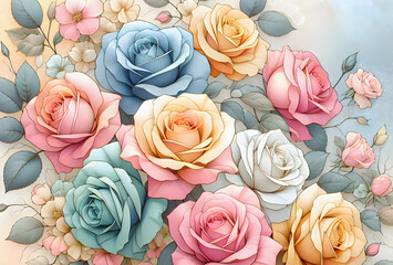 Floral background with roses and leaves in pastel colors. Vector illustration.