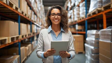 Fototapeta premium Manager at storage warehouse and holding clipboard or digital tablet