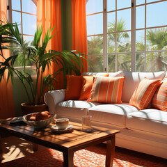 Modern living room with white and peach colored furniture and stylish interior design