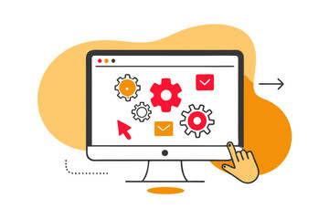 Cartoon flat style drawing businessman helping his partner to lifting cogs or gears on top of stairs. Teamwork, goal achievement, solution, success, winner concept. Graphic design vector illustration