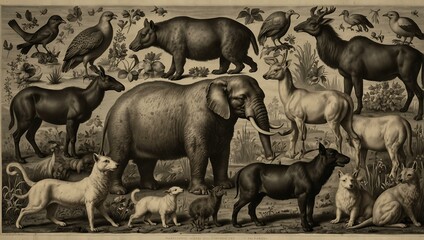 Intricate old engraving featuring various animals, perfect for vintage art lovers.