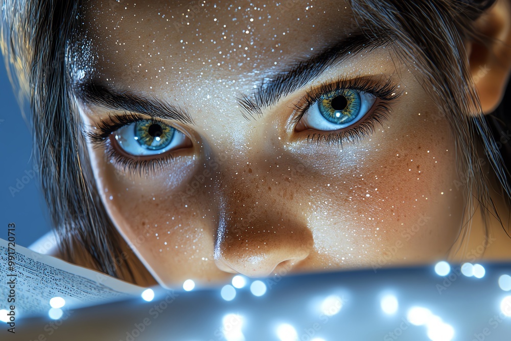 Poster A hyper-realistic close-up of a studentâ€™s face, deeply focused on reading a textbook, with every detail of their expression captured