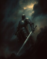 Fototapeta premium A lone knight stands bravely in dark armor against ominous clouds in a misty landscape