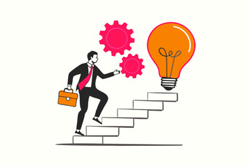 man and woman climbs the career ladder. up the gear mechanism. Businessman climbs a stack of coins and money, the concept of education, career, the concept of getting a big salary. reading success