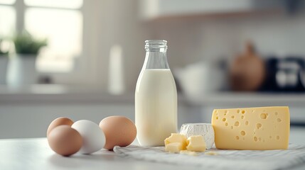 A serene kitchen scene featuring a bottle of milk, eggs, and various types of cheese arranged neatly on a countertop.