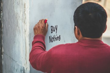 Man Writing Buy Nothing on Wall - Minimalist and Anti-Consumerism Concept