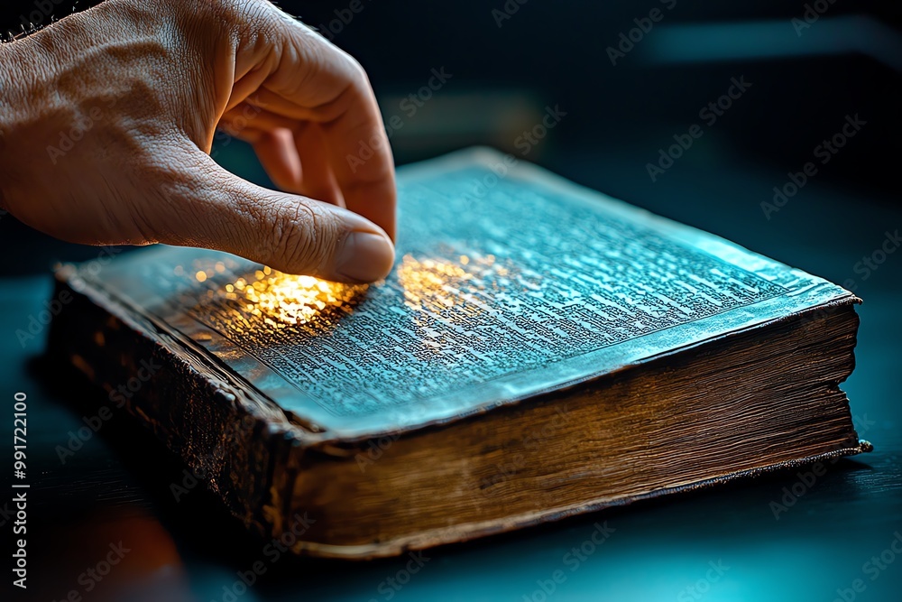 Poster a hyper-realistic close-up of a personâ€™s hand turning the page of an old, weathered book, with int