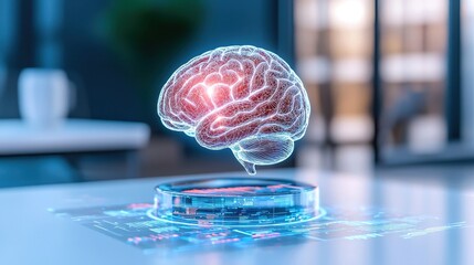 A holographic brain model showcasing innovative technology in a modern workspace, symbolizing advanced thinking and artificial intelligence.