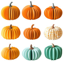 Colorful set of nine paper-cut style pumpkins in various shades, perfect for fall and Halloween design projects and decorations.