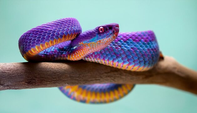 Vividly marked trimeresurus on a pale surface, zoomed view of trimeresurus purpureomaculatus serpent set against a clean background, distinct indonesian viper variety