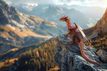 A dragon is perched on a rocky mountain top, looking out over the landscape