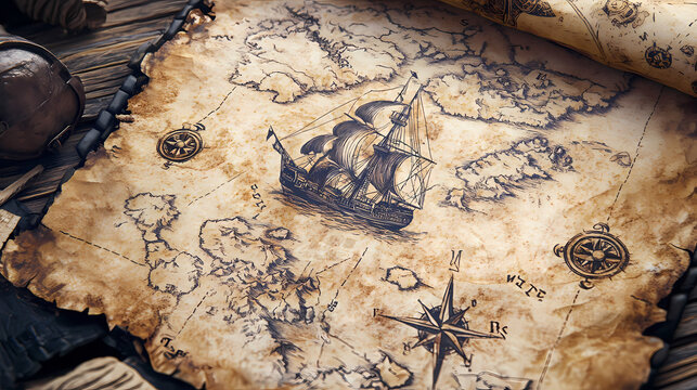 An adventure themed exploration with a vintage map, with ample edges for overlaying additional content. Pirate Treasure Map. Illustration